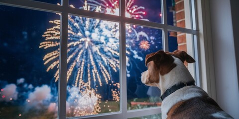 Dog looking out of window at fireworks in night sky Generative aI