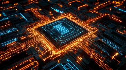 Obraz premium Futuristic Circuit Board Glowing Orange Blue Tech Abstract Background