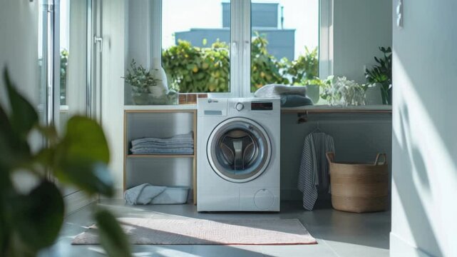 Modern laundry room interior, front-loading washing machine, organized shelves with essentials in background.