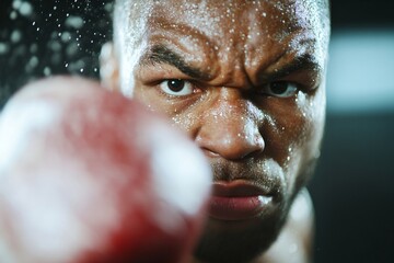 Obraz premium Intense African American boxer with sweat and determination. Close-up of focused athlete mid-fight. Powerful sports portrait showing strength and concentration