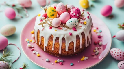 Easter cake on a plate surrounded by holiday elements