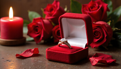 Elegant engagement ring in a red velvet box with red roses and candlelight, romantic atmosphere for Valentine's Day