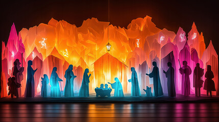 Illuminated nativity scene with vibrant colors and mystical atmosphere