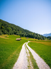 Schöne Berg Straße in Deutschland Alpen. Panorama Sicht auf Feld, Gebirge und Wiese. Idylle wandern durch Wald und Natur. 