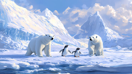 An icy tundra with polar bears and penguins playing in the snow. Tundra. Illustration