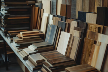 Obraz premium An artisan workspace filled with various wooden palettes, showcasing unique textures and colors