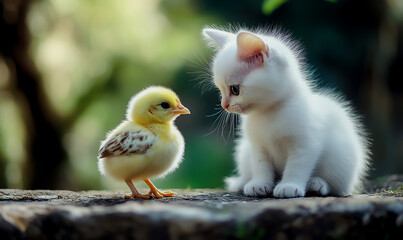 White Kitten and Yellow Chick in a Rural Courtyard
