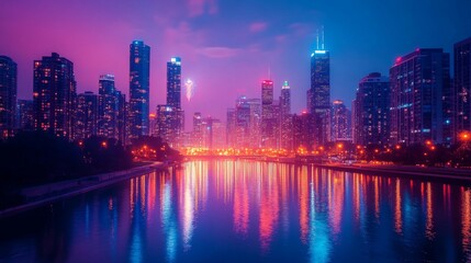 Obraz premium A city skyline lit up with festive colors