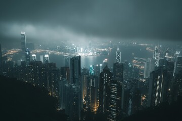 Fototapeta premium A breathtaking nighttime view of Hong Kong's skyline shrouded in mist, showcasing its towering skyscrapers and vibrant city lights.