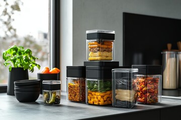 A modern kitchen display featuring an assortment of stylish storage containers filled with colorful snacks and ingredients.