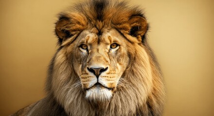 Fototapeta premium Majestic lion portrait against golden background for wildlife themes and conservation awareness