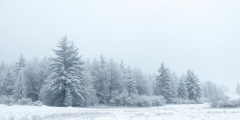 Fototapeta premium Snowflakes gently falling onto a serene winter landscape, covering trees and fields in a blanket of white, fields, scenery
