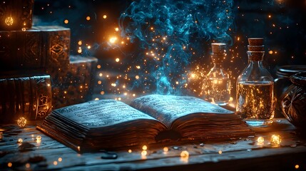 an open book with a bright magical light, a book lies on the table, an exquisite book, a bright magical glow of a book