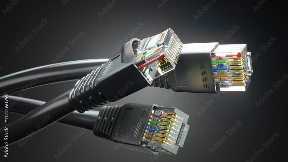 Poster Internet network connectors rj45 and ethernet cables on black background. 3d animation