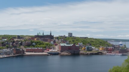 Obraz premium A scenic view of a coastal town with colorful buildings and greenery under a blue sky.