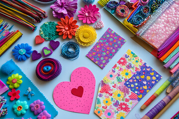 A flat lay of handmade Valentine&rsquo;s cards, heart-shaped decorations, and colorful crafting materials, perfect for expressing creativity and love


