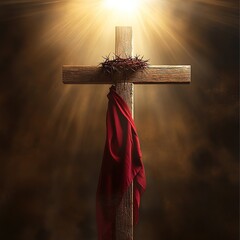 a wooden cross draped with a red cloth and a crown of thorns hangs at the top of the cross