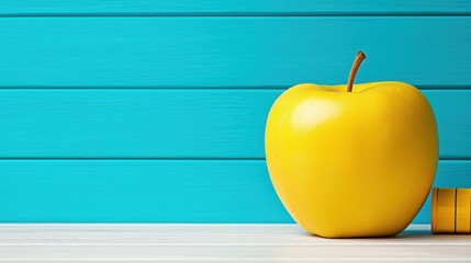 Obraz premium Bright Yellow Apple on Wooden Table Against Turquoise Background