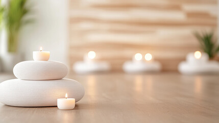 Tranquil Meditation Space With Glowing Candles on Smooth Stones and Soft Wooden Backdrop for Relaxation and Mindfulness Practice
