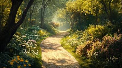 Obraz premium Sunlit path winding through a lush, flowering forest.