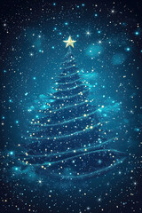 A festive and minimalist Christmas tree illustration, featuring a blue silhouette made of sparkling stars against a dark background. Perfect for greeting cards, invitations, or social media posts.