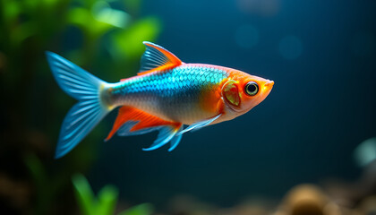 Fototapeta premium Neon tetra swimming elegantly in a colorful aquarium environment