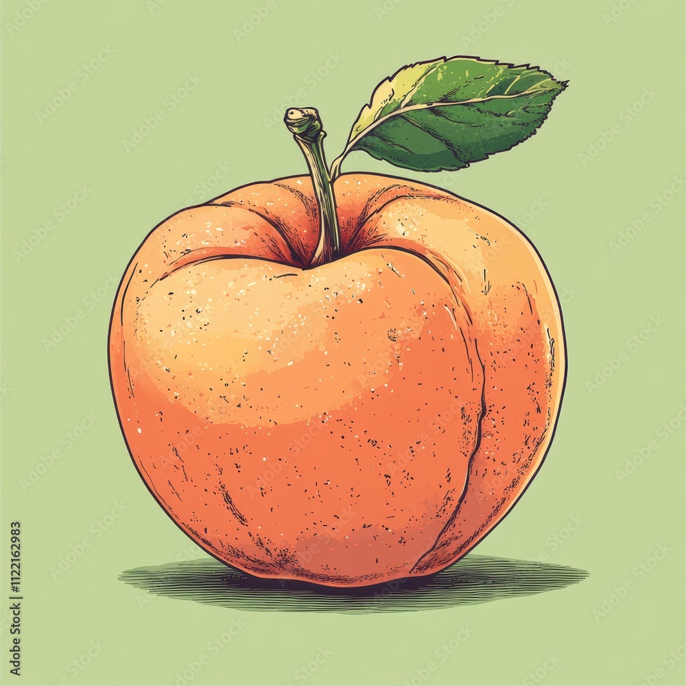 Wall mural A Realistic Illustration of a Juicy Peach with a Single Leaf on a Vibrant Green Background Highlighting its Natural Texture and Color