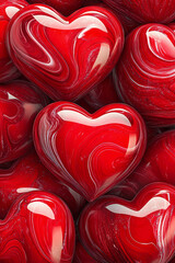 A collection of glossy red hearts with swirling white patterns for a romantic and vibrant look. Valentine's Day card.