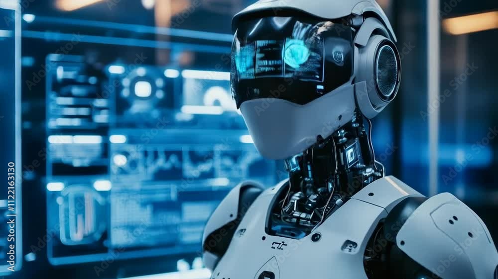Poster Ai robot with digital interface background. Future AI technology, Artificial intelligence concept. Robotics and futuristic cybernetic systems.