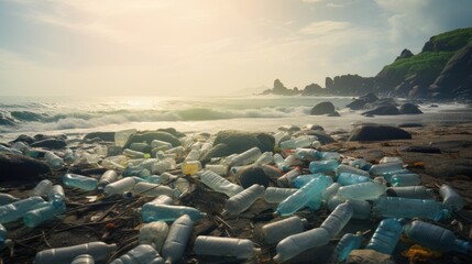 Many plastic bottles on the ocean shore.