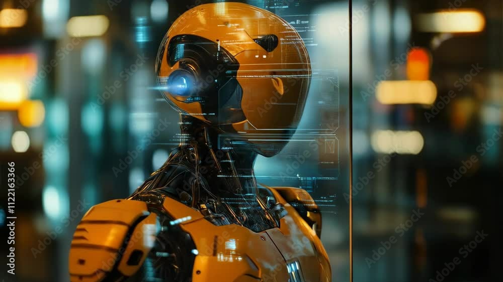 Poster Ai robot with digital interface background. Future AI technology, Artificial intelligence concept. Robotics and futuristic cybernetic systems.