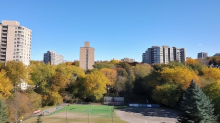 Obraz premium A scenic view of urban buildings surrounded by colorful trees under a clear blue sky.