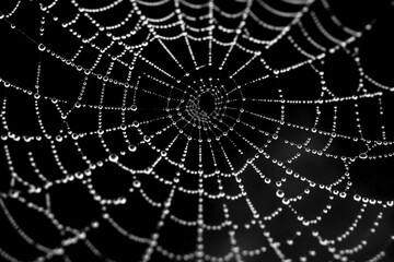Obraz premium A spiderweb with dewdrops. Monochrome black and white macro photo.