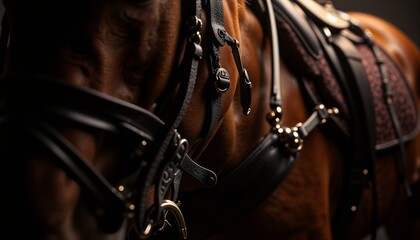 Obraz premium Close-up of horse harness with detailed leather straps and equipment, copy space