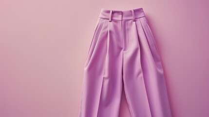 A pair of high-waisted trousers with a wide-leg fit arranged on a muted lavender background.
