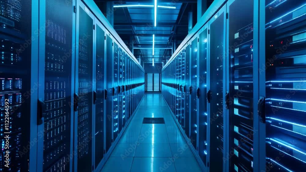 Poster Data center with server rack cabinets. AI training cluster. Modern datacenter, supercomputer. Advanced cloud computing and big data storage. Artificial intelligence. Future technology background