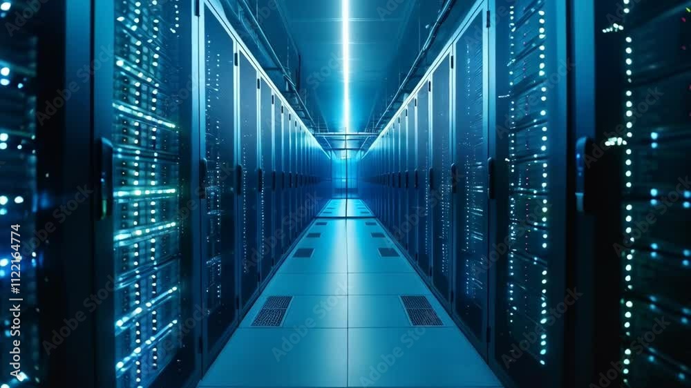 Poster Data center with server rack cabinets. AI training cluster. Modern datacenter, supercomputer. Advanced cloud computing and big data storage. Artificial intelligence. Future technology background