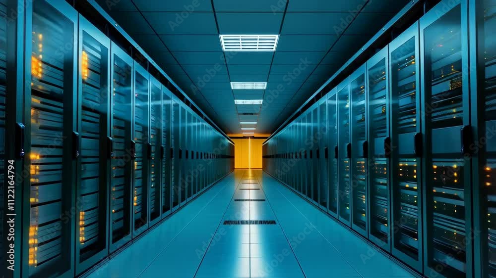 Poster Data center with server rack cabinets. AI training cluster. Modern datacenter, supercomputer. Advanced cloud computing and big data storage. Artificial intelligence. Future technology background