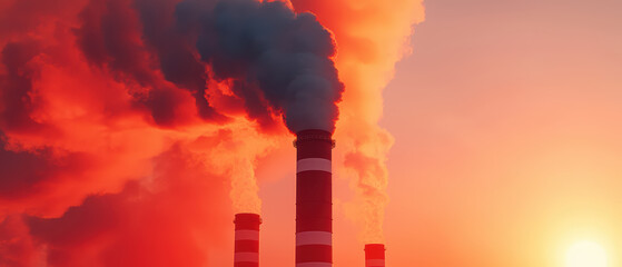 Industrial smokestacks release dark smoke against vibrant sunset sky, highlighting impact of fossil fuels on environment. scene evokes sense of urgency about climate change