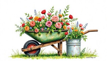 Old garden cart with flowers, illustration