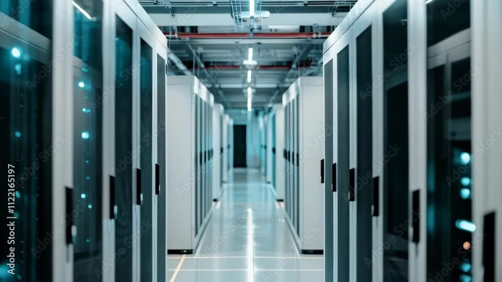 Poster Data center with server rack cabinets. AI training cluster. Modern datacenter, supercomputer. Advanced cloud computing and big data storage. Artificial intelligence. Future technology background