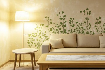 A contemporary living room with light beige walls and green botanical stencils, highlighted by a Scandinavian lamp illuminating a wooden coffee table with a marble top.