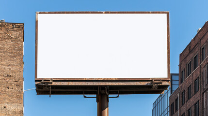 Obraz premium blank white billboard stands tall against clear blue sky, surrounded by urban buildings. This minimalistic view captures essence of advertising space