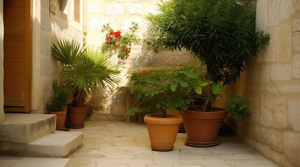 A serene courtyard with potted plants and stone walls, creating a tranquil atmosphere.