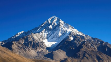 Obraz premium Majestic snow-capped mountain with a clear blue sky in the background, showcasing the grandeur of nature's power