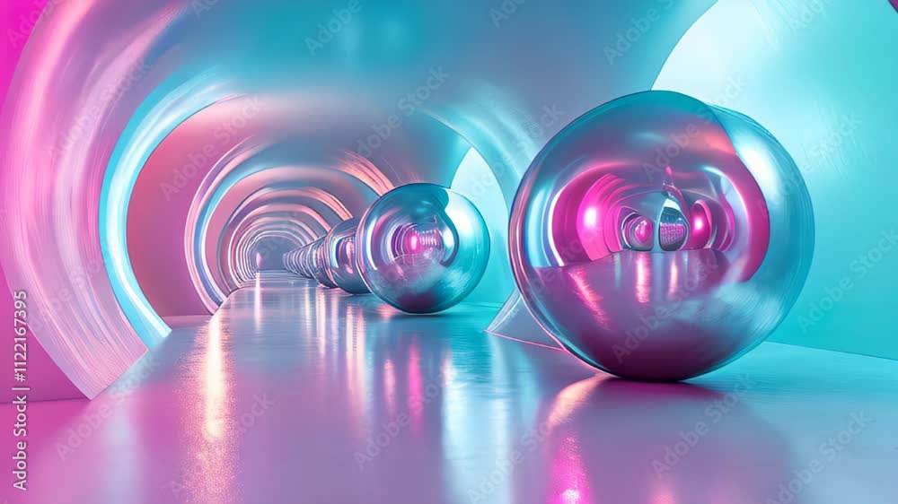 Poster exploring a vibrant tunnel adorned with luminous spheres and dreamy colors