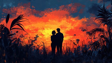 Silhouetted Couple Stands Amidst Lush Vegetation At Vibrant Sunset With Fiery Reds And Oranges Filling The Sky, Creating A Dramatic And Romantic Scene