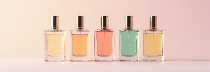 Several bottles of perfume on a pink background. banner.