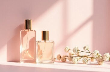 Perfume bottles on a pink background whith flowers, light from the window. Space for text.