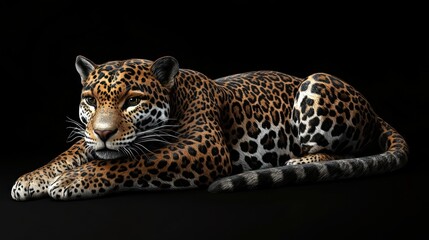 Fototapeta premium Majestic jaguar resting on black background.